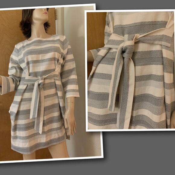 MORGAN CARPER Gray & White Stripe Woven Jacquard Shift Dress w/Pockets Sz SML - Picture 2 of 13